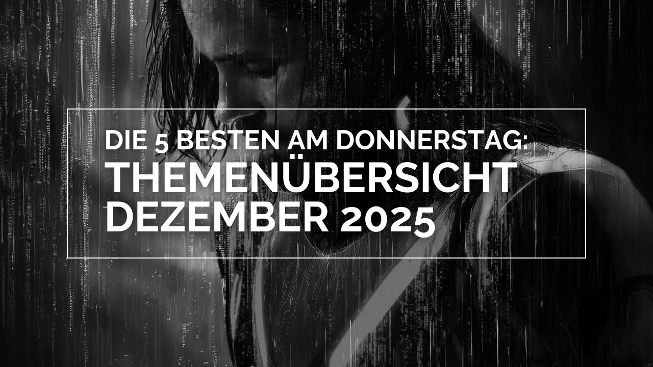 Das Bild zeigt Jared Leto in "Tron: Ares" in schwarz-weiß. Dazu steht in einem weißen Rahmen in weißen Lettern: Die 5 Besten am Donnerstag: Themenübersicht Dezember 2025