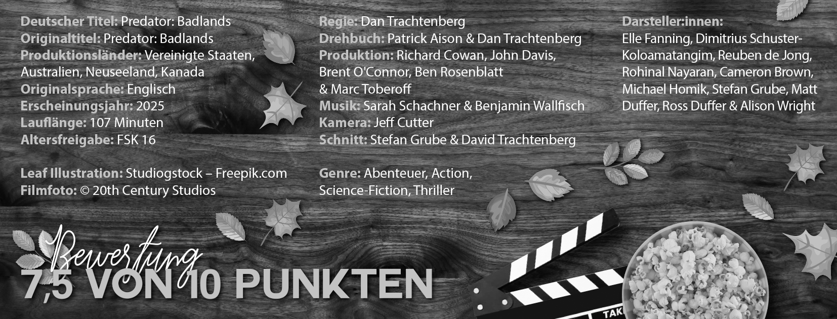 Das Bild listet den Cast und die Crew zum Film "Predator: Badlands"