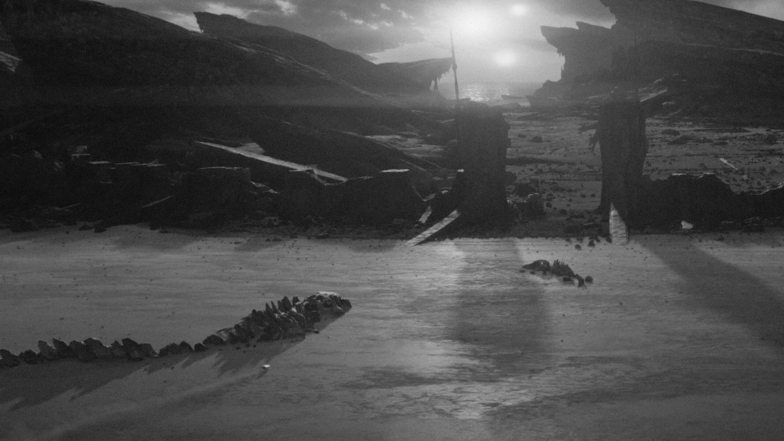 Eine totale einer Wüstenlandschaft, im Hintergrund sind einige Felsformationen, im Vordergrund ein großes Skelett eines Tieres