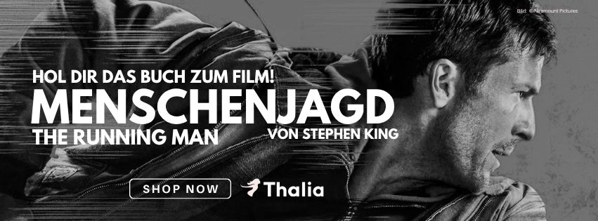 Das Bild zeigt eine Werbeanzeige zum Buch "Menschenjagd" von Stephen King, das man im Thalia Shop kaufen kann