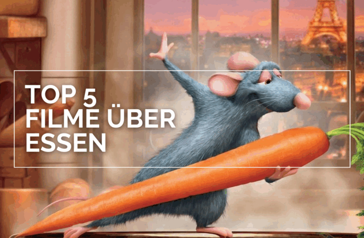 Remy steht auf einem Kochtopf und hält eine Karotte, die er liebevoll betrachtet. Er wird eingerahmt von einem weißen Rahmen und links neben ihm steht der Text Top 5 Filme über Essen