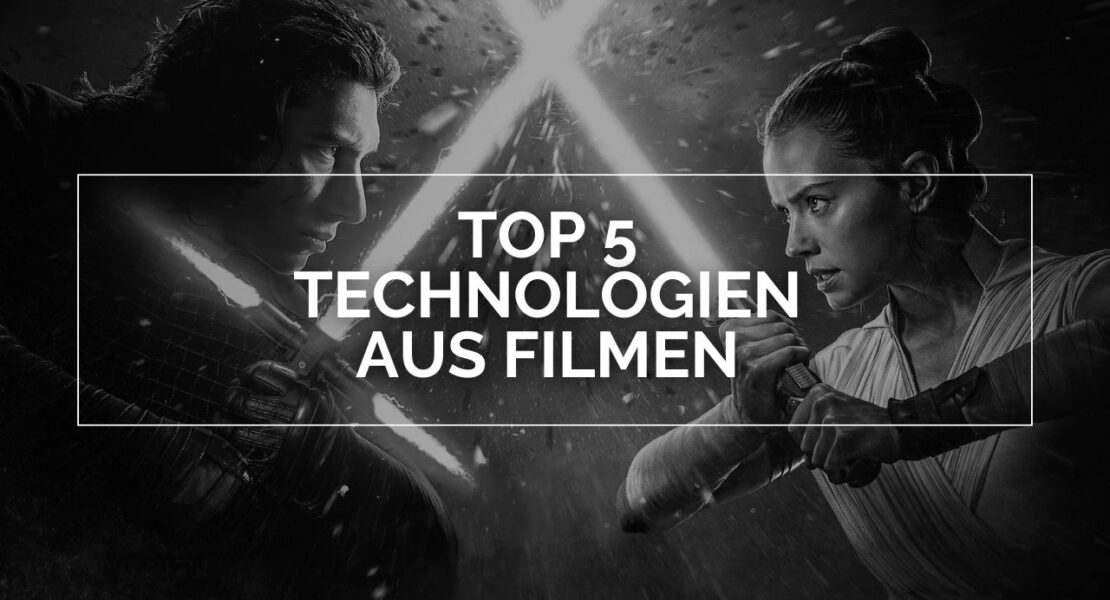 Kylo Ren und Rey kreuzen ihre Lichtschwerter. Ihre Gesichter sind von einem weißen Rahmen eingenommen in dem der Schriftzug "Top 5 Technologien im Film" steht