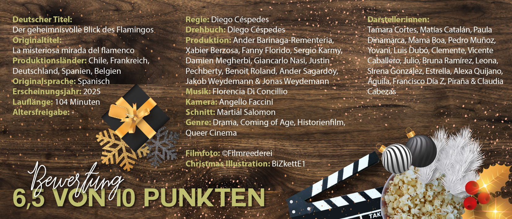 Das Bild listet den Cast und die Crew zum Film "Der geheimnisvolle Blick des Flamingos"