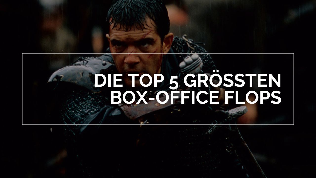 Das Bild zeigt Antonio Banderas als der 13te Krieger. In weißen Lettern steht in einem weißen Rahmen Die Top 5 größten Box-Office Flops