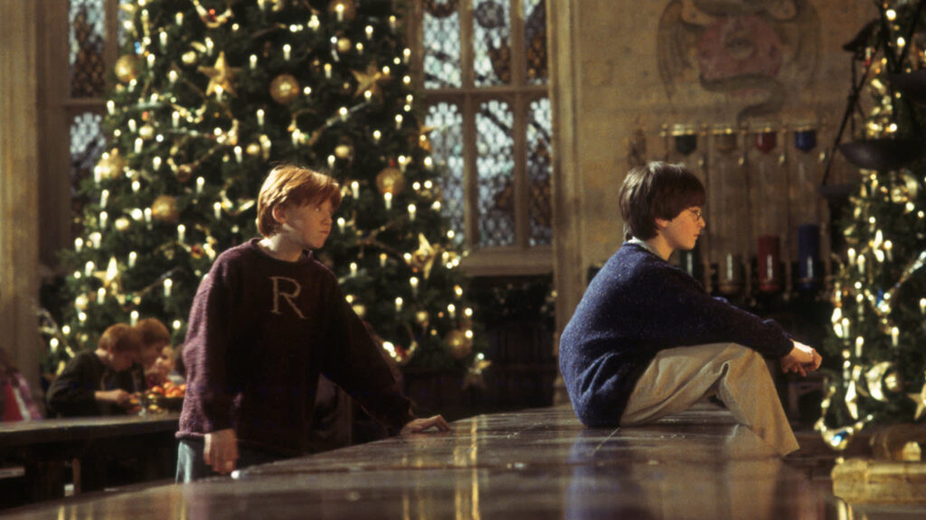 Das Bild zeigt Ron (Rupert Grint links) und Harry (Daniel Radcliffe) aus "Harry Potter und der Stein der Weisen". Harry sitzt auf dem Tisch mit dem Rücken zu Ron gewandt | Die 5 besten Familienfilme für die Feiertage