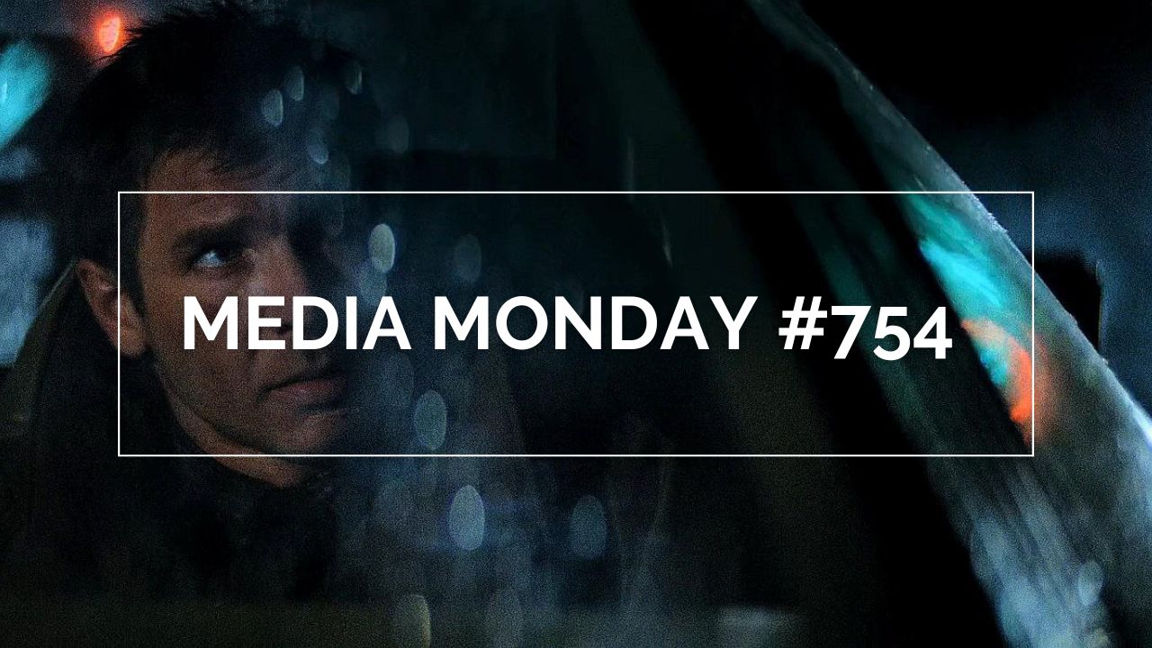 Das Bild zeigt Harrison Ford als Richard Deckard in "Blade Runner". Sein Gesicht ist umrahmt von einem weißen Rahmen in dem in weißen Lettern "Media Monday #754" steht.