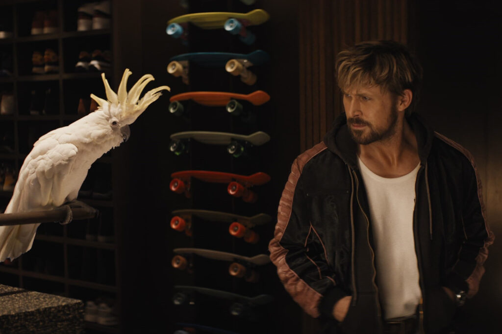 Das Bild zeigt Colt Seavers (Ryan Gosling) vor einer Holzwand mit Skateboards und neben ihm einen Papagei