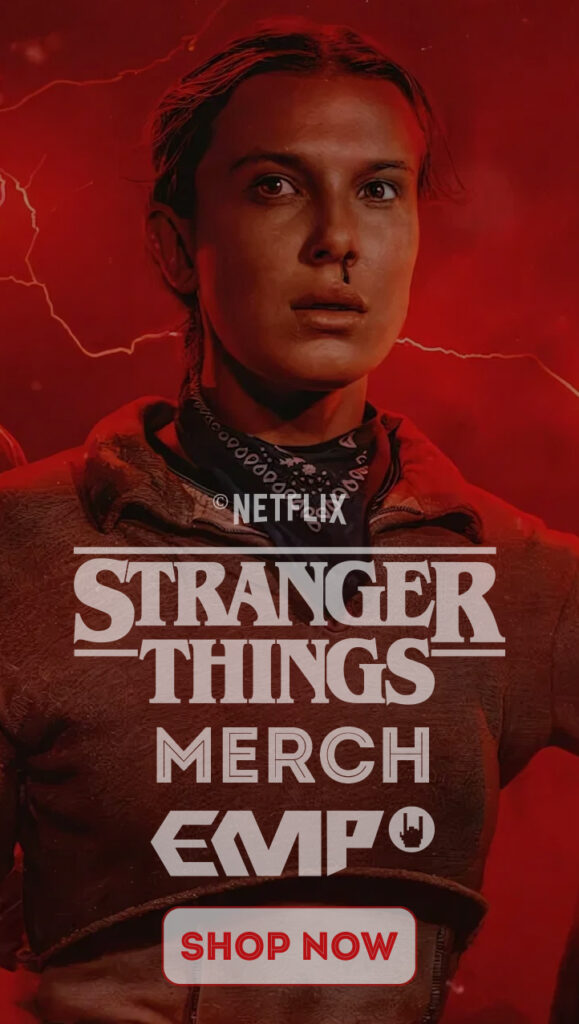 Das Bild zeigt eine Werbeanzeige der Serie Stranger Things, zu der man Merchandise auf EMP kaufen kann