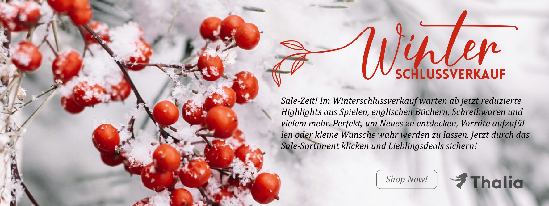 Werbeanzeige von Thalia zum Winterschlussverkauf. Links im Bild sind rot leuchtende Beeren mit Schnee bedeckt, die eine winterliche Stimmung erzeugen. Rechts steht in stilisierter Schrift: „Winter SCHLUSSVERKAUF – Sale-Zeit! Im Winterschlussverkauf warten reduzierte Highlights aus Spielen, englischen Büchern, Schreibwaren und mehr.“ Darunter ein Button mit „Shop Now!“ und das Thalia-Logo.