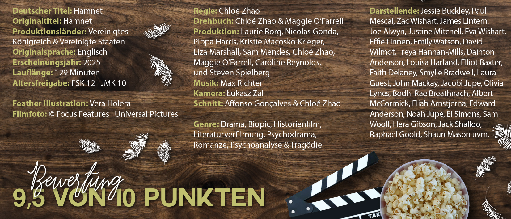 Das Bild listet den Cast und die Crew zum Film Hamnet