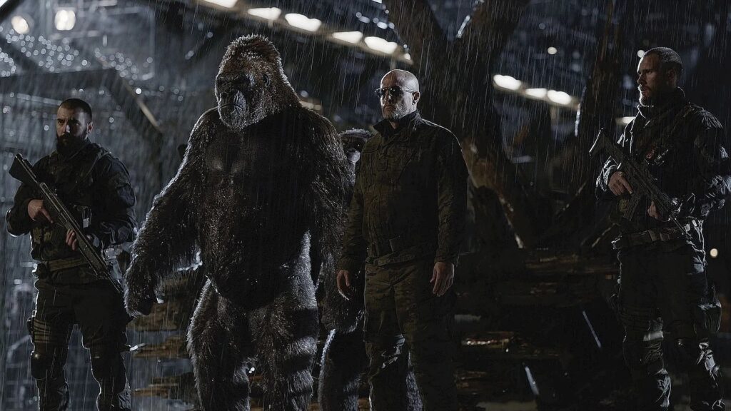 Eine Gruppe von Menschen und Affen stehen im Regen, im Vordergrund ein Gorilla und Woody Harrelson, eine Szene aus dem Film "Planet der Affen: Survival" | Top 5 unterschätzte Franchisefilme