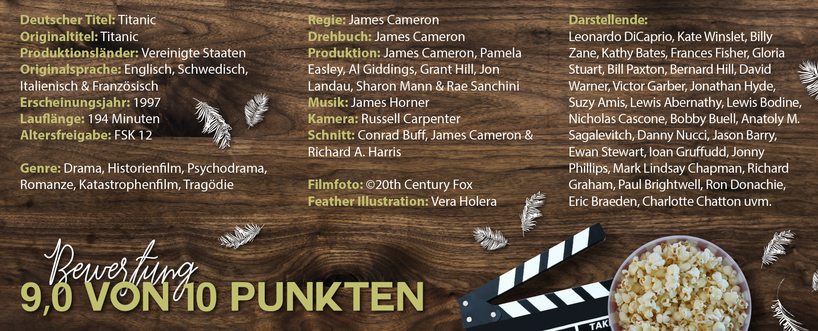 Das Bild listet den Cast und die Crew zum Film Titanic