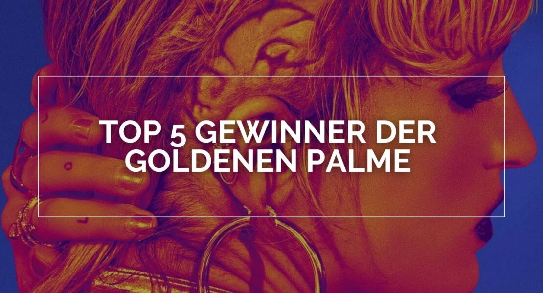Das Bild zeigt Alexia aus dem Film Titane. Über ihrem Gesicht ist ein weißer Rahmen in dem Top 5 Gewinner der Goldenen Palme steht