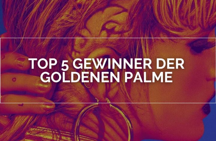 Das Bild zeigt Alexia aus dem Film Titane. Über ihrem Gesicht ist ein weißer Rahmen in dem Top 5 Gewinner der Goldenen Palme steht