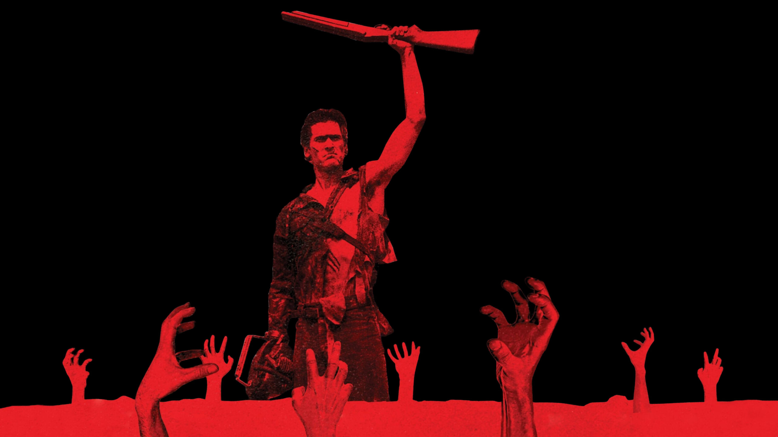 Ash hält eine Schusswaffe in die Höhe in einem stilisierten Bild von ihm und den Untoten. | Deine Top 5 liebsten Horrorcharaktere (d|w|m)