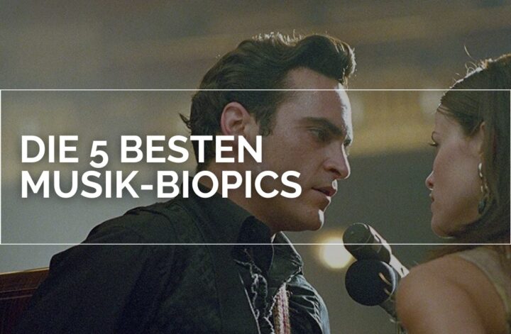 Joaquin Phoenix und Reese Witherspoon im Film "Walk the Line" im Profil, stehen sich gegenüber, darüber steht in weißen Buchstaben und in einem weißen Rahmen "Die 5 besten Musik-Biopics
