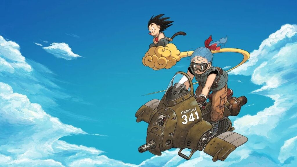 Son Goku auf einer fliegenden Wolke und Bulma auf einem Luftfahrzeug. Im Hintergrund einer blauer Himmel mit Wolken. | Top 5 Technologien aus Serien