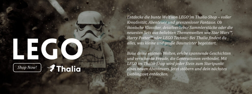 LEGO‑Werbegrafik mit einem LEGO‑Stormtrooper aus Star Wars, der dynamisch in einer staubigen Szene steht. Links befindet sich das LEGO‑Logo, rechts ein kurzer Werbetext zu LEGO‑Produkten im Thalia‑Shop.