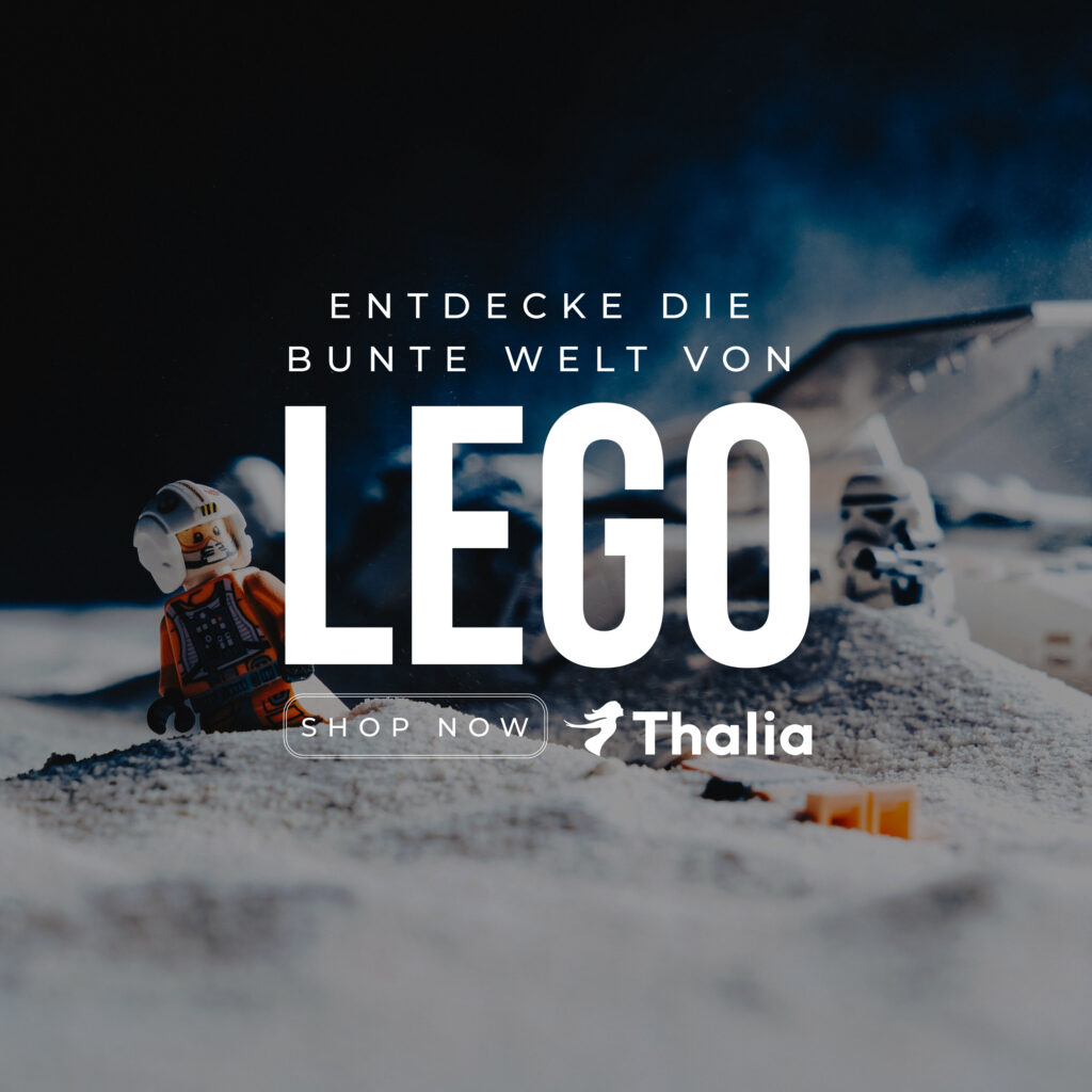 LEGO‑Werbegrafik mit einer LEGO‑Pilot‑Minifigur in einer dynamischen Szene mit Fahrzeugteilen im Hintergrund. Links steht der Text ‚Entdecke die bunte Welt von LEGO‘, daneben ein ‚Shop Now‘‑Button und das Thalia‑Logo.