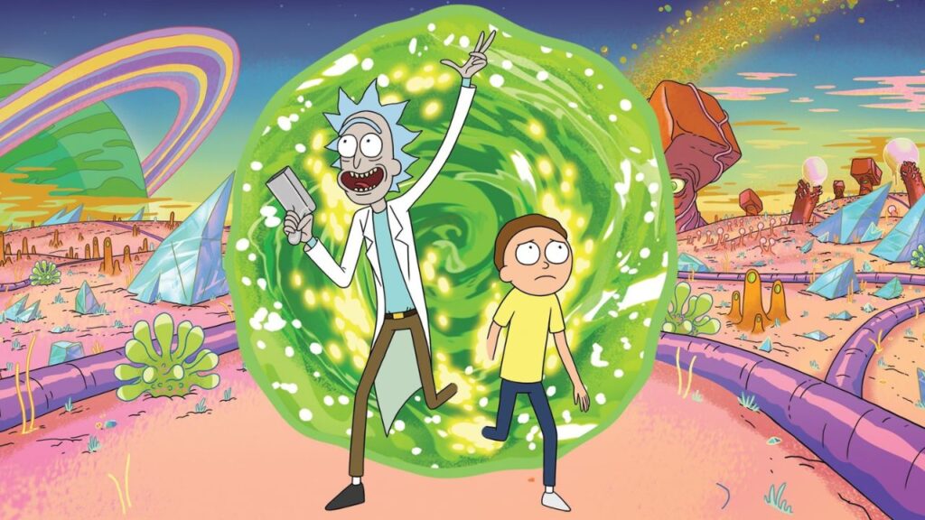 Rick und Morty schreiten durch ein grünes Portal auf einen außerirdischen Planeten. | Top 5 Technologien aus Serien