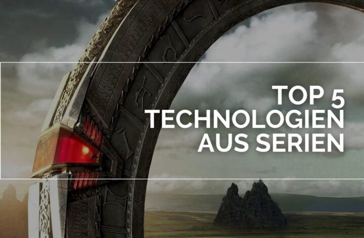 Der obere Teil eines Sternentors. Im Hintergrund eine hügelige Landschaft. Im Vordergrund ein weißer Rahmen in dem der Schriftzug "Top 5 Technologien aus Serien" steht.