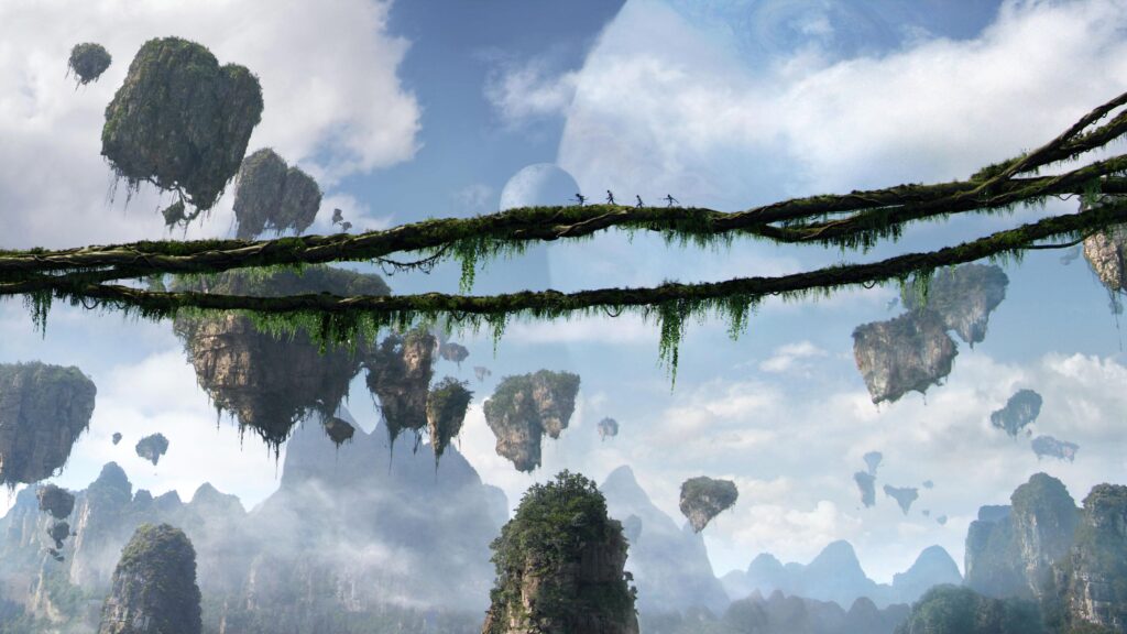 Zu sehen sind die schwebenden Berge von Pandora auf denen einige Na´vi unterwegs sind. | Die 5 einflussreichsten Science-Fiction-Filme aller Zeiten