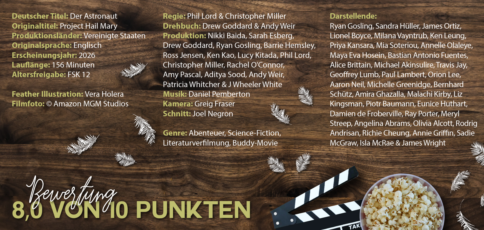 Infografik zu Der Astronaut mit Filmdaten, Cast, Crew, Genre und einer 8‑von‑10‑Bewertung neben Popcorn und Filmklappe.