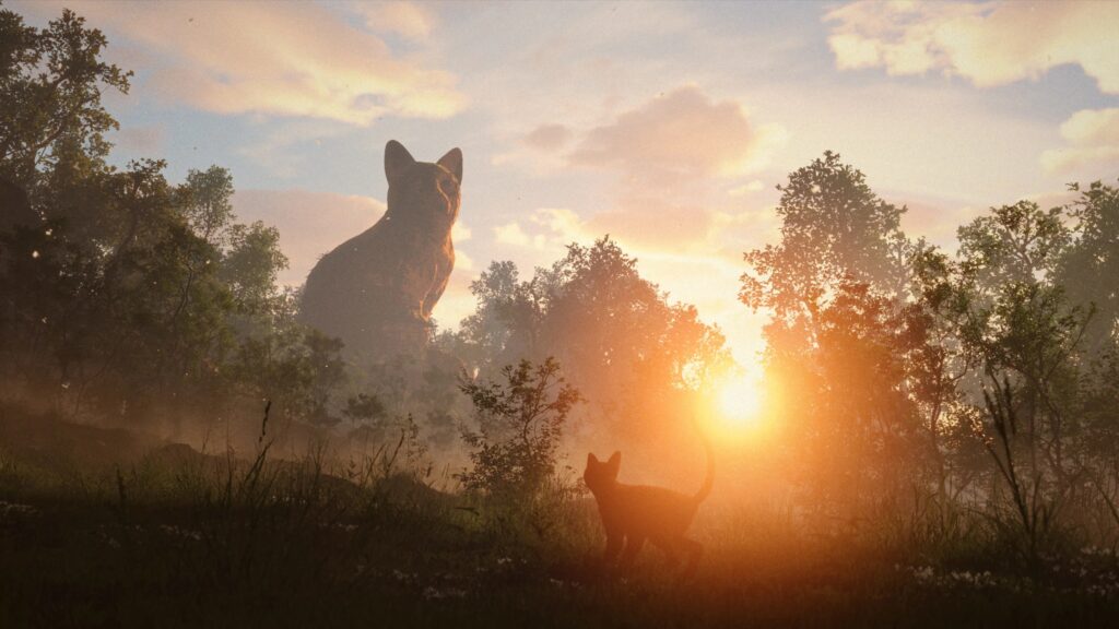 Das Bild zeigt eine Katze, die durch einen Wald geht, im Hintergrund steht eine große Katzenstatue, während das Sonnenlicht durch die Bäume bricht | Streamingempfehlungen April 2026
