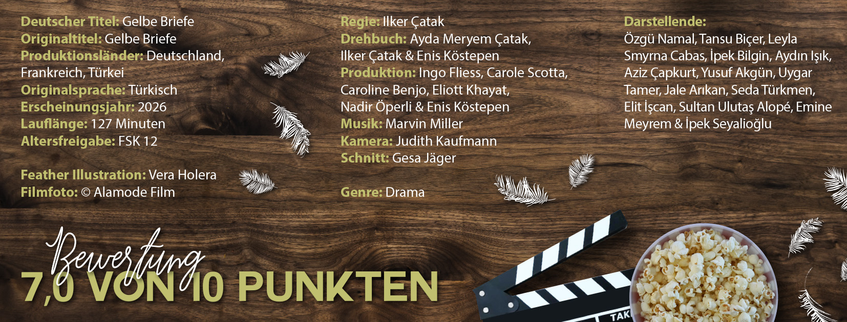 Filmplakat zu ‚Gelbe Briefe‘ mit Popcorn, Filmklappe und detaillierten Produktionsangaben wie Titel, Herkunftsländern, Laufzeit, Crew, Cast und einer Bewertung von 7,0 von 10 Punkten.