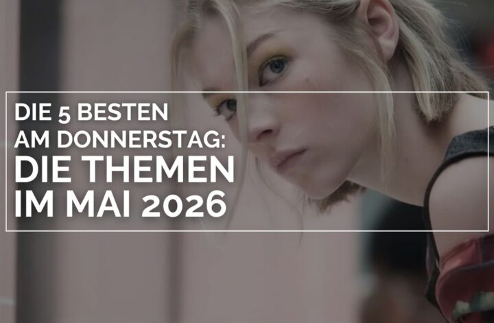 Porträt von Hunter Schafer als Jules Vaughn aus der Serie ‚Euphoria‘, mit unscharfem Hintergrund; darüber ein weißer Rahmen mit dem Schriftzug ‚Die 5 BESTEN am DONNERSTAG: Die Themen im Mai 2026‘.