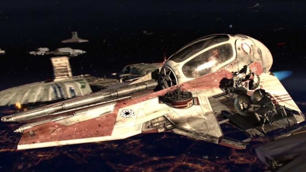 Das Bild zeigt einen roten Jedi-Abfangjäger in einer Szene des Films "Star Wars: Episode III - Die Rache der Sith" | Eure 5 liebsten Raumfahrzeuge