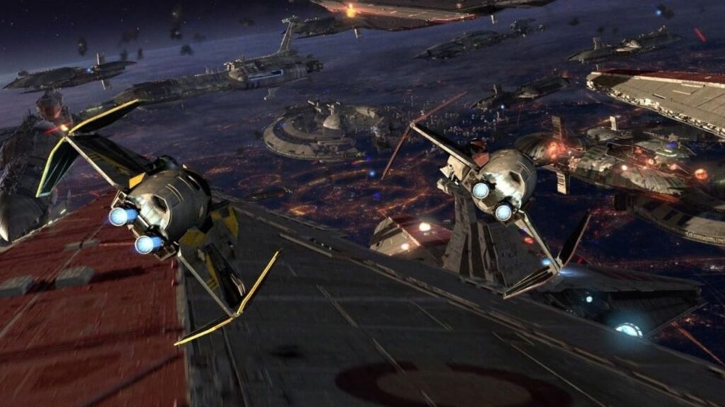 Das Bild zeigt zwei Jedi-Abfangjäger von hinten während der Raumschlacht über Coruscant in einer Szene des Films "Star Wars: Episode III - Die Rache der Sith" | Eure 5 liebsten Raumfahrzeuge