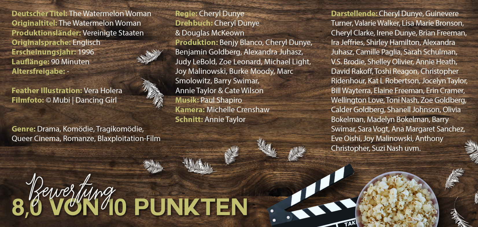 Infoposter zu „The Watermelon Woman“ auf Holzuntergrund mit Filmklappe, Popcorn und weißen Federillustrationen; enthält Produktionsdaten, Credits, Genreangaben und eine 8,0‑Bewertung.