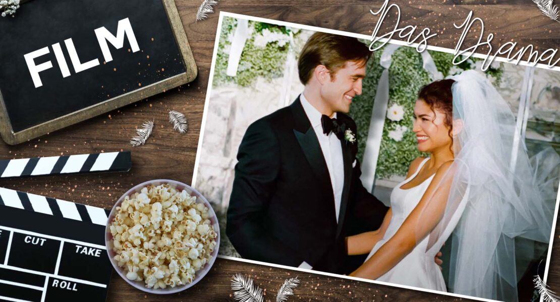 Collage zu Das Drama mit Filmklappe, Popcorn und einem Hochzeitsfoto von Zendaya und Robert Pattinson, die sich lächelnd ansehen – eine visuelle Verbindung von RomCom‑Ästhetik und den dramatischen Themen des Films.