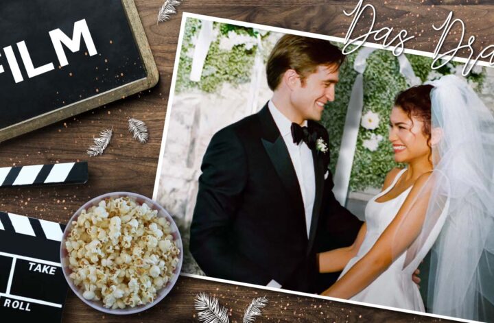 Collage zu Das Drama mit Filmklappe, Popcorn und einem Hochzeitsfoto von Zendaya und Robert Pattinson, die sich lächelnd ansehen – eine visuelle Verbindung von RomCom‑Ästhetik und den dramatischen Themen des Films.