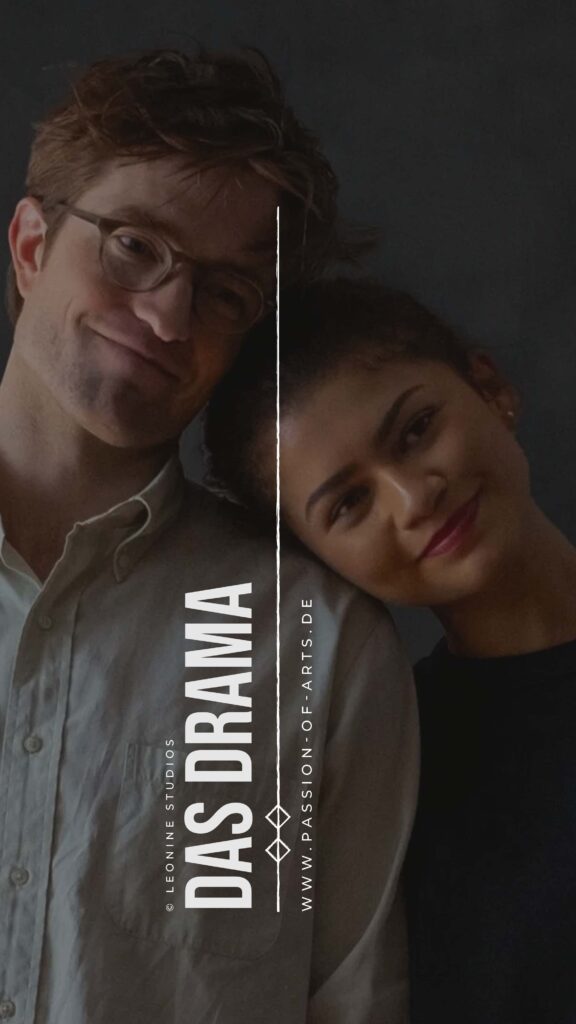 Promofoto zu Das Drama mit Zendaya und Robert Pattinson in einer intimen, ruhigen Szene vor dunklem Hintergrund, versehen mit dem Filmtitel und dem Hinweis auf Passion of Arts.
