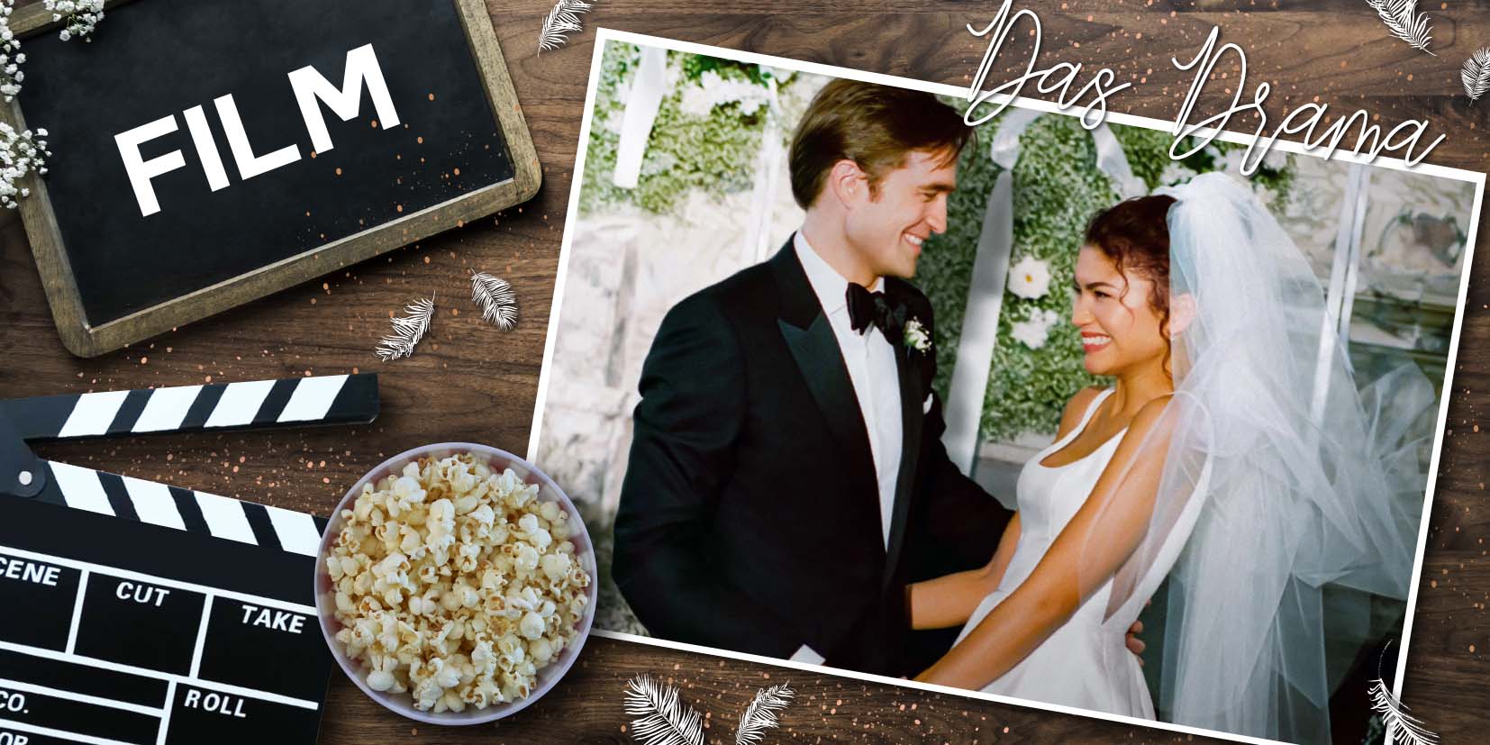Collage zu Das Drama mit Filmklappe, Popcorn und einem Hochzeitsfoto von Zendaya und Robert Pattinson, die sich lächelnd ansehen – eine visuelle Verbindung von RomCom‑Ästhetik und den dramatischen Themen des Films.