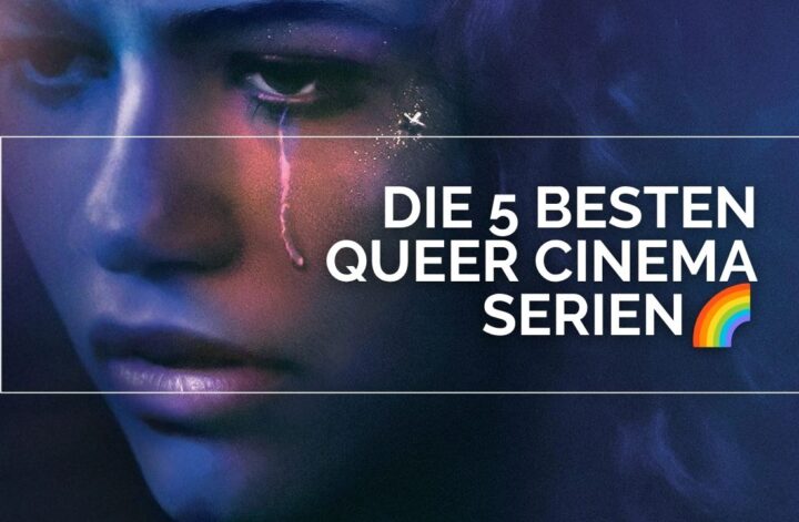 Rue Bennett (Zendaya) aus „Euphoria“ in emotionaler Nahaufnahme mit farbigem Neonlicht und sichtbarer Träne; darüber der Schriftzug „Die 5 besten Queer Cinema Serien“ mit Regenbogen‑Icon.