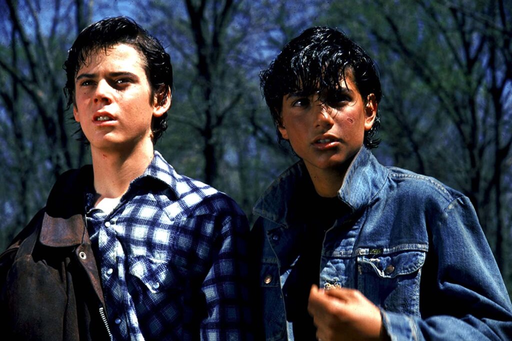 Ponyboy (C. Thomas Howell) und Johnny (Ralph Macchio) aus Die Outsider stehen im Freien nebeneinander; beide blicken ernst und konzentriert in die Ferne, tragen zerzaustes Haar und einfache Kleidung, während kahle Bäume im Hintergrund eine melancholische Stimmung erzeugen. | Die 5 besten Coming-of-Age-Filme