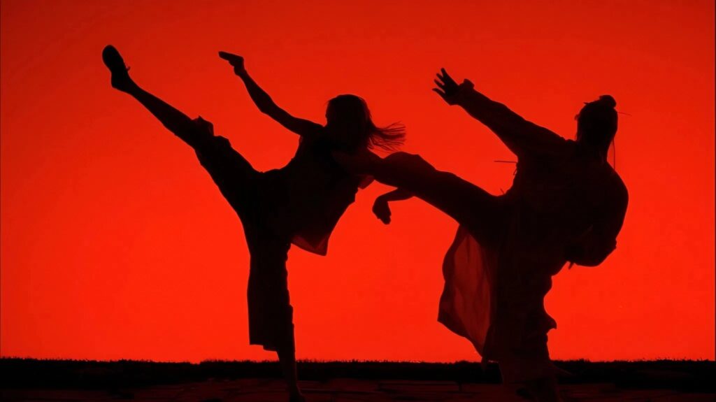 Zwei Silhouetten, eine Frau und ein Mann machen eine Kampfpose vor einem roten Hintergrund  | Kill Bill: The Whole Bloody Affair