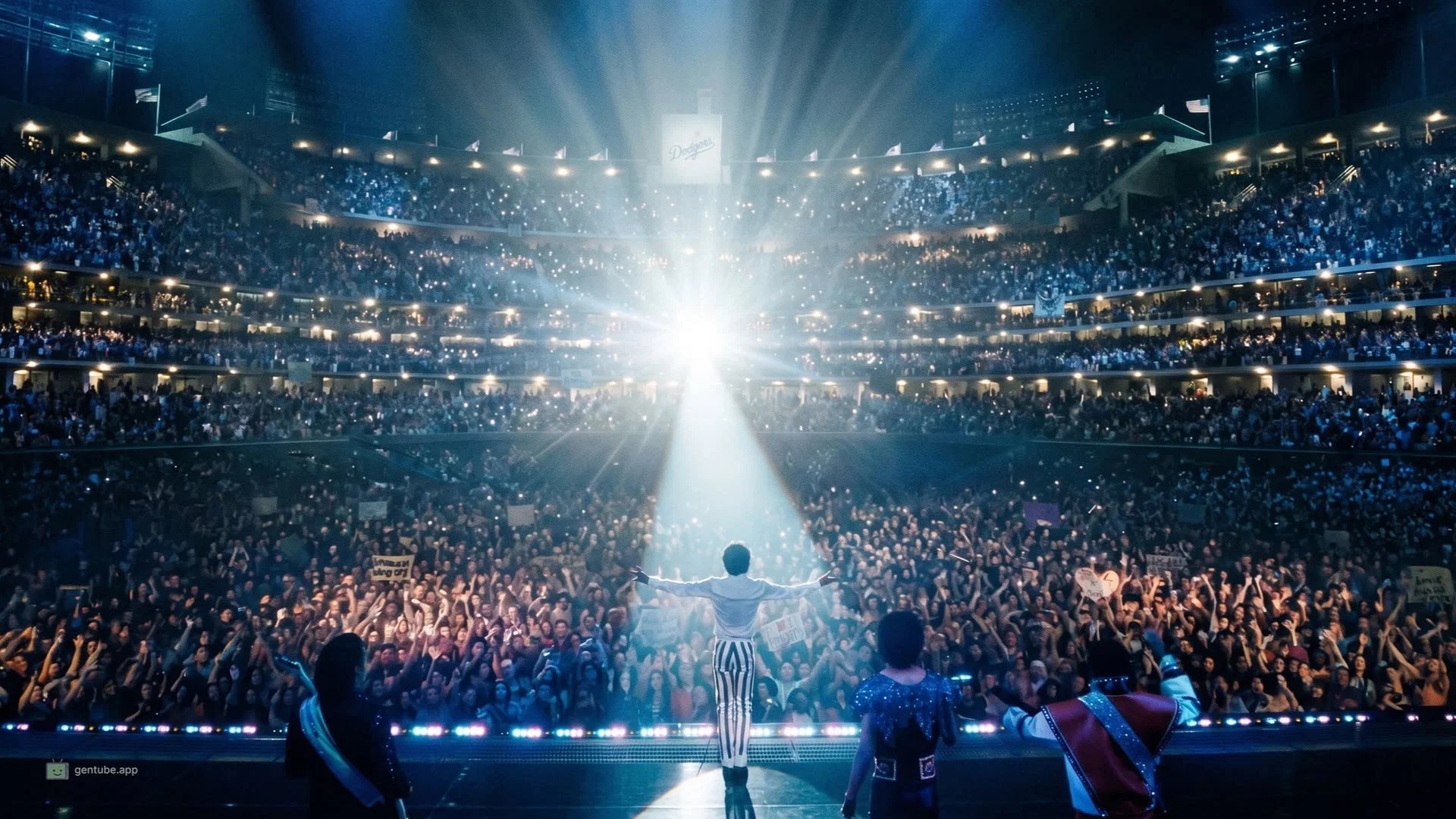 Michael (Jaafar Jackson) steht im Rampenlicht auf einer Bühne, vor ihm ein randvolles Stadion mit jubelnden Fans