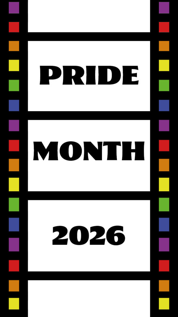 Grafisches Pride‑Motiv mit den Worten ‚PRIDE MONTH 2026‘ in drei übereinander angeordneten Zeilen; links und rechts rahmen vertikale Regenbogen‑Farbstreifen das Design ein.