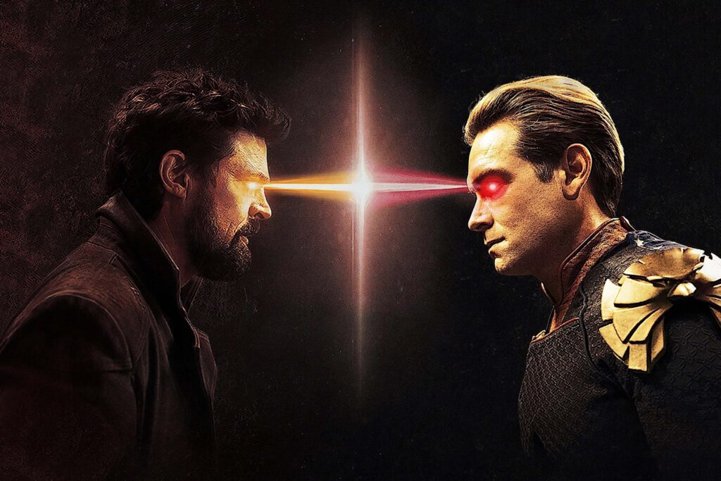 Karl Urban als Billy Butcher und Antony Starr als Homelander in The Boys; intensiver Blickduell‑Moment mit lasernden Augenstrahlen in dunkler, dramatischer Szene. | Media Monday #777