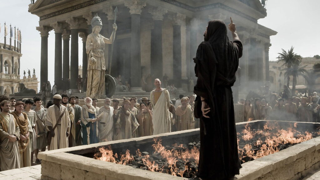 Ein Mann steht vor einem Becken mit brennender Kohle. Im Hintergrund ist eine Menschenmenge sowie ein antiker Tempel zu erkennen. | Die 5 besten Filme über die Antike