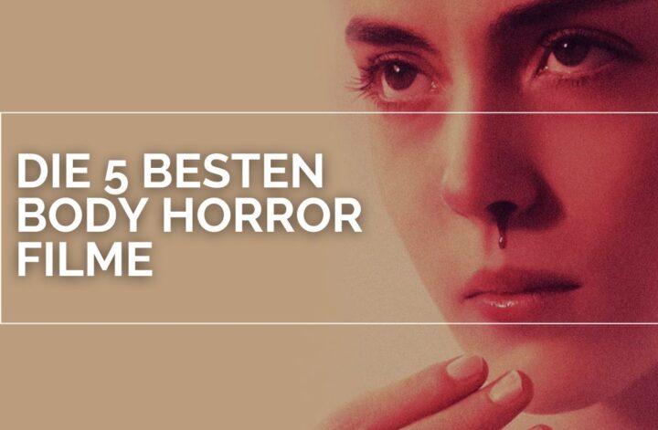 Justine (Garance Marillier) aus „Raw“ ist in einer extremen Nahaufnahme zu sehen; ein einzelner Blutstropfen rinnt aus ihrem Nasenloch herab. Links im Bild steht in großen weißen Buchstaben „DIE 5 BESTEN BODY HORROR FILME“. Die reduzierte, beige Hintergrundfläche und die nüchterne Typografie kontrastieren mit Justines körperlicher Reaktion, die im Film ihre ersten, verstörenden Veränderungen markiert.