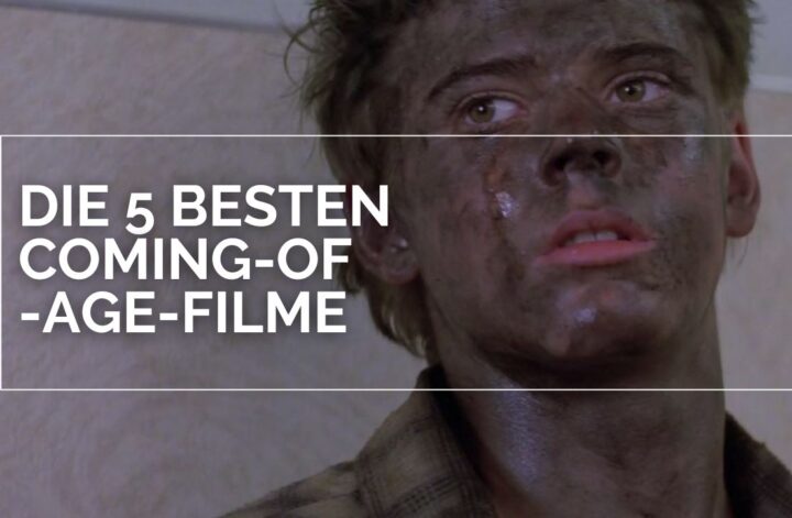 Ponyboy (C. Thomas Howell) aus Die Outsider blickt mit schmutzverschmiertem Gesicht leicht nach oben; über dem Bild liegt in großen weißen Buchstaben der Schriftzug „DIE 5 BESTEN COMING‑OF‑AGE‑FILME“.