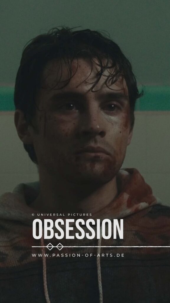 Bear (Michael Johnston) aus dem Film Obsession blickt ernst in die Kamera; sein Gesicht ist mit Blut und Schmutz verschmiert, der Hoodie trägt deutliche Blutflecken. Der Hintergrund ist dunkel und grünlich schattiert, was die bedrohliche Stimmung verstärkt. Auf dem Bild stehen die eingeblendeten Texte © Universal Pictures Obsession und www.passion-of-arts.de.