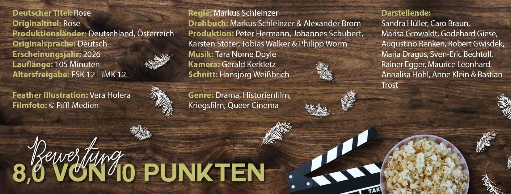 Gestaltetes Film‑Infoposter zu ROSE: Auf einem hölzernen Hintergrund liegen Popcorn und eine Filmklappe, umgeben von weißen Federillustrationen. Rechts stehen übersichtlich die Filmdaten: deutscher Titel, Produktionsländer, Sprache, Erscheinungsjahr 2026, Laufzeit 105 Minuten, FSK 12. Darunter Credits zu Regie, Drehbuch, Produktion, Musik, Kamera und Schnitt sowie die Darstellenden, darunter Sandra Hüller. Unten eine Bewertung von 8,0 von 10 Punkten.