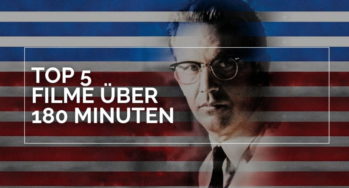 Titelbild zu Top 5 Filme über 180 Minuten. Kevin Costner verschmilzt mit einer US-amerikansichen Flagge.