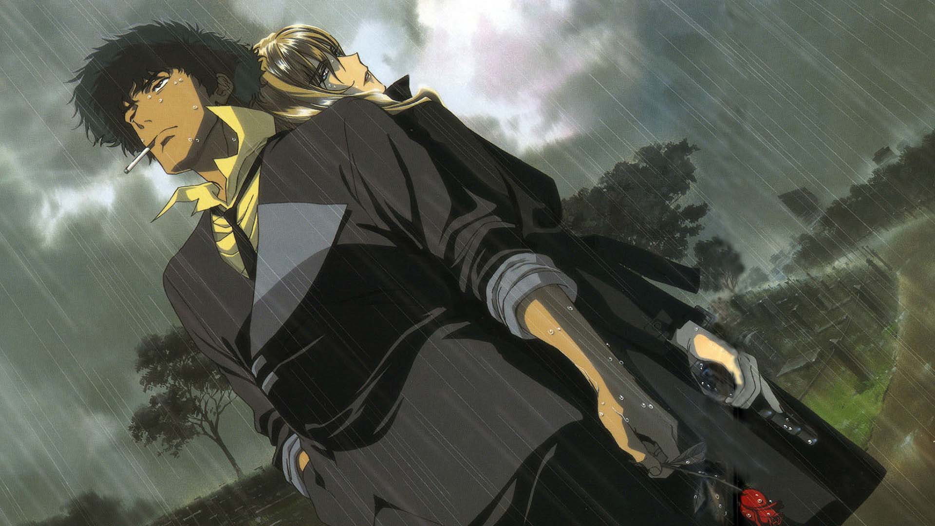 Spike Spiegel und Julia stehen im Regen RĂŒcken an RĂŒcken, beide in dunkler Kleidung und vom Wasser durchnĂ€sst. Die Szene aus dem Anime Cowboy Bebop wirkt dĂŒster und melancholisch, mit dramatischer Beleuchtung und starkem emotionalem Ausdruck. | Die 5 besten Anime-Serien